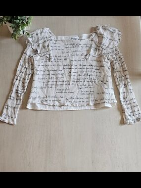 Club Monaco White Script-Print Long-Sleeve Blouse